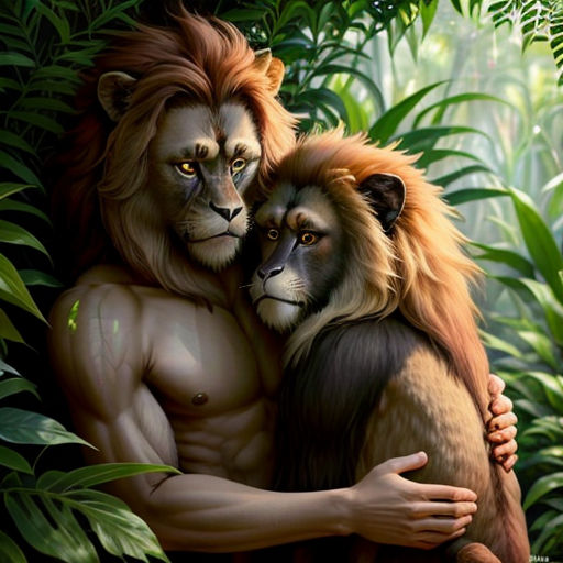 a man holding a lion in a jungle with a lion on his arm and a lion on his shoulder
