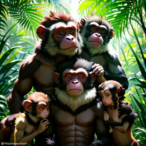 a group of monkeys standing next to each other in a jungle setting with palm trees and leaves behind them