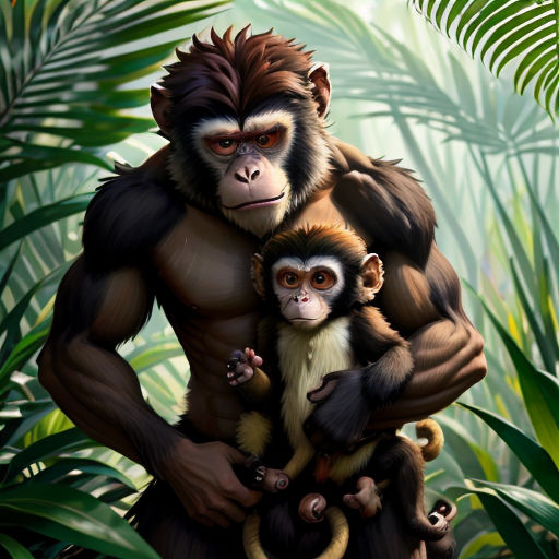 a monkey holding a baby monkey in a jungle setting with palm trees and foliage in the background, digital painting