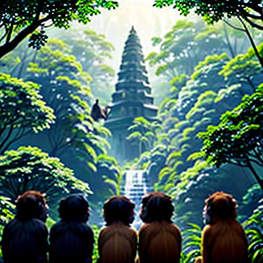 a group of people sitting in front of a forest with a waterfall in the background and a man standing in the middle of the picture