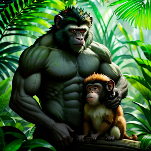 a monkey and a monkey sitting on a tree branch in the jungle with leaves and plants around them, with a gorilla holding a monkey
