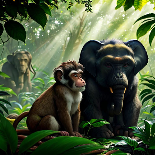 a monkey and a monkey in the jungle with light coming through the trees and leaves on the ground, and a monkey sitting on the ground