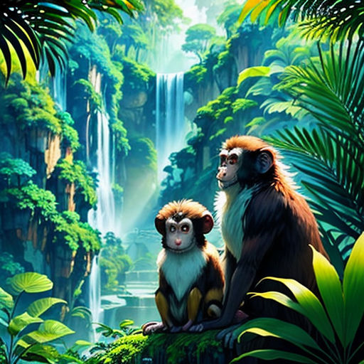 two monkeys sitting on a rock in the jungle with a waterfall in the background and a waterfall in the background
