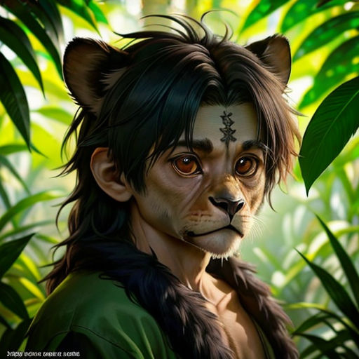 a painting of a man with a cat's head and cross on his forehead and a jungle background
