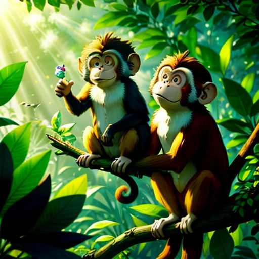 two monkeys sitting on a tree branch in the jungle with a butterfly in its mouth and a butterfly in its mouth