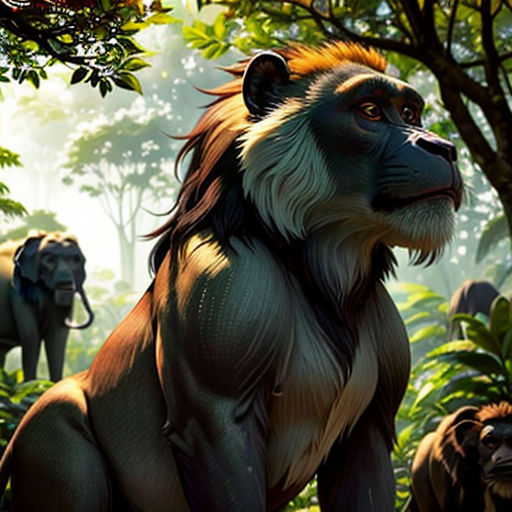 a group of animals that are in the grass and trees in the jungles, with one of them looking at the camera