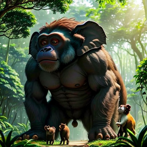 a big gorilla standing in the middle of a forest with other animals around it and a baby gorilla standing next to it