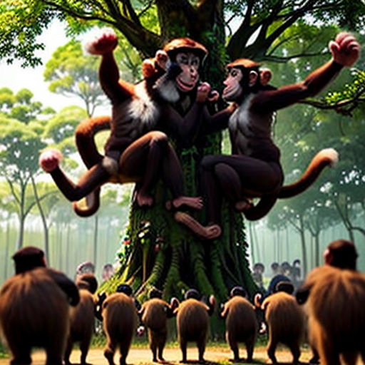 a group of monkeys standing on top of a tree in a forest with other monkeys around it and a man standing on the tree