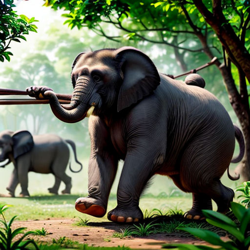 a painting of a elephant carrying a stick in its trunk through a jungle area with other elephants in the background