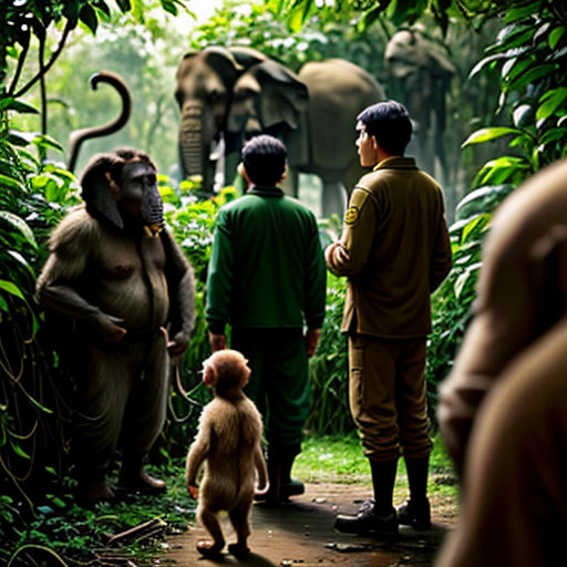 a group of people standing around a group of elephants in the jungle with a monkey on a leash in front of them