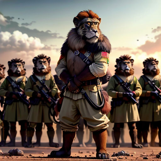 a group of men in uniforms with animals on them and a sky background with clouds and a few clouds