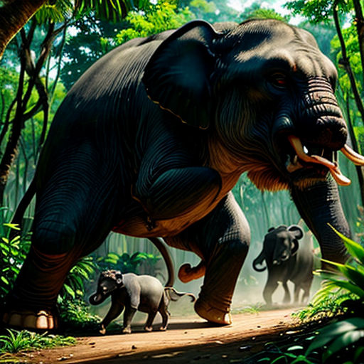 a large elephant walking through a forest filled with trees and elephants on a dirt road next to a forest