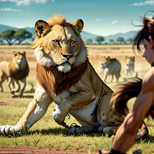 a woman kneeling down next to a lion on a field of grass with other animals in the background and a sky with clouds