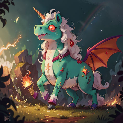 a cartoon of a dragon with a fire in its mouth and a rainbow in the background, with a building in the background