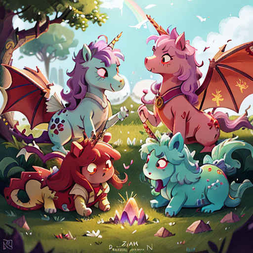 a group of cartoon animals sitting on top of a lush green field next to a tree and a rainbow