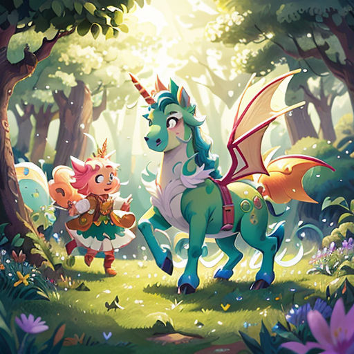 a cartoon of a unicorn and a princess riding a horse through a forest with flowers and trees in the background