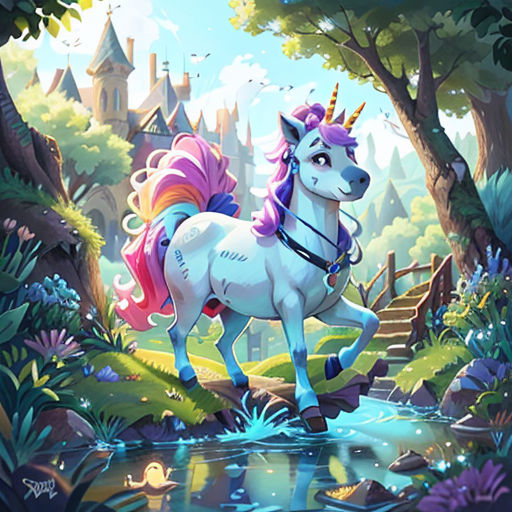 a unicorn is standing in the middle of a forest with a stream and trees in the background, and a castle in the distance