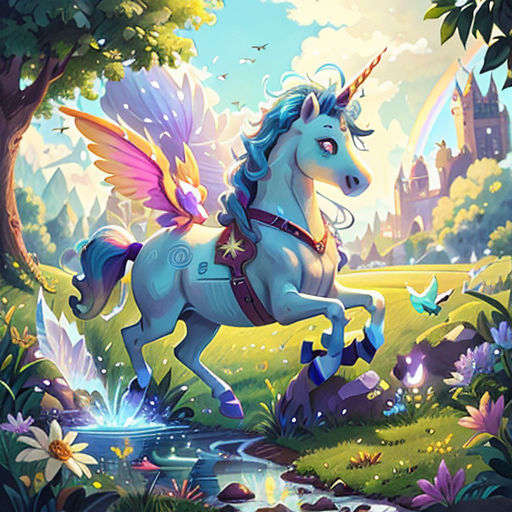 a unicorn with wings is standing in the grass near a stream and trees, with a rainbow in the background
