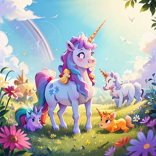 a group of unicorns standing in a field of flowers and grass with a rainbow in the background and a rainbow in the sky
