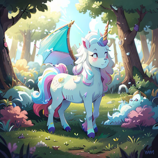 a unicorn standing in the middle of a forest with an umbrella in its hand and a blue umbrella in its mouth