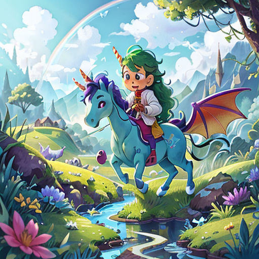 a girl riding a horse through a lush green forest next to a river and a rainbow in the sky