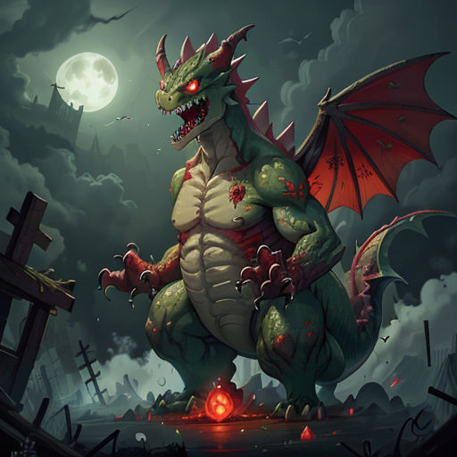 a dragon with a cross on a graveyard at night with a full moon in the background and a cemetery with a cross in the foreground