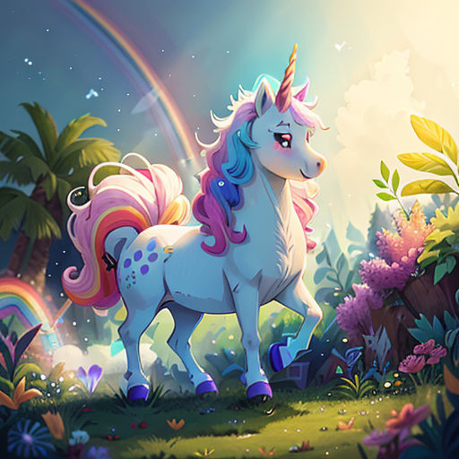 a unicorn standing in a lush green field under a rainbow colored sky and a rainbow - colored cloud above