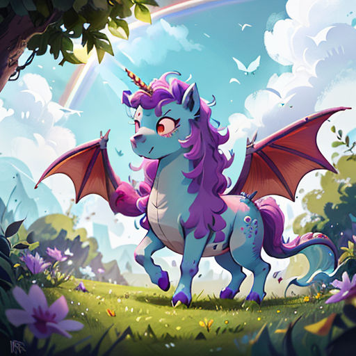 a cartoon unicorn with a rainbow in the background and a rainbow in the sky above it, in a field of flowers