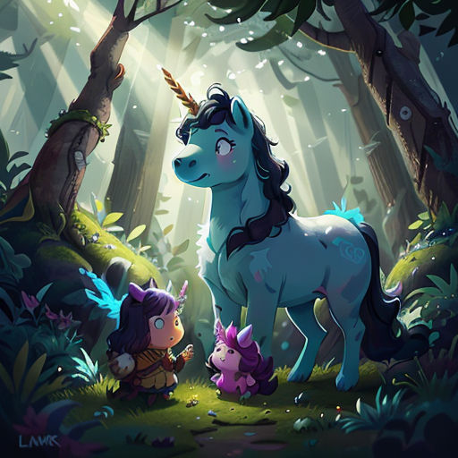 a unicorn and a little girl in the woods with trees and plants around them, with a light shining on them