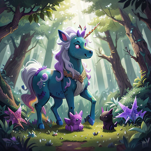 a blue unicorn standing in the middle of a forest with other animals around it and a forest background with trees and plants