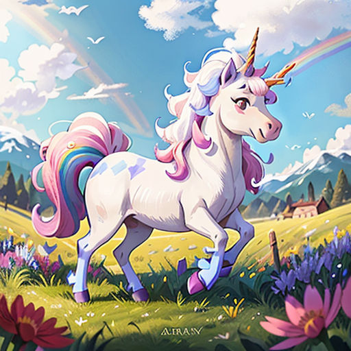 a unicorn is standing in a field with flowers and a rainbow in the background of the picture is a rainbow
