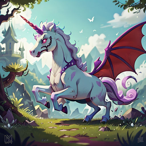 a unicorn with a red cape running through a forest with a dragon on its back and a castle in the background