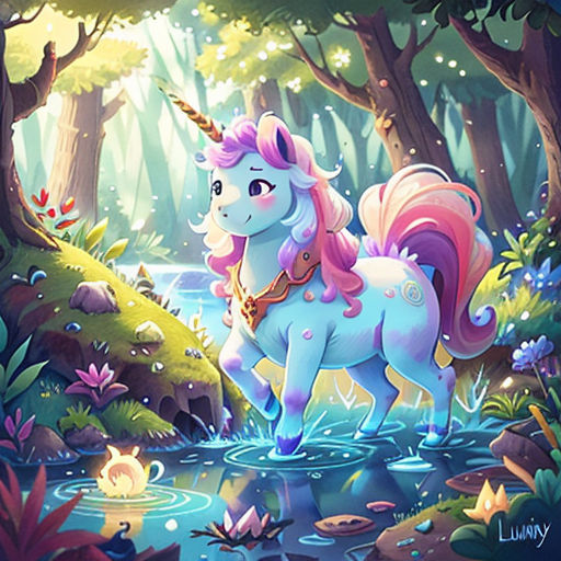 a unicorn standing in the middle of a forest next to a river and trees with a rainbow on it