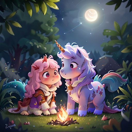 two little pony standing next to each other in the forest at night with a fire in the ground and a full moon in the sky