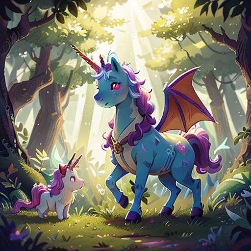 a unicorn and a baby unicorn in a forest with trees and sunlight shining through the trees and leaves on the ground
