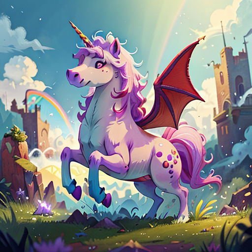 a unicorn with a dragon tail running through a field of grass and flowers with a castle in the background