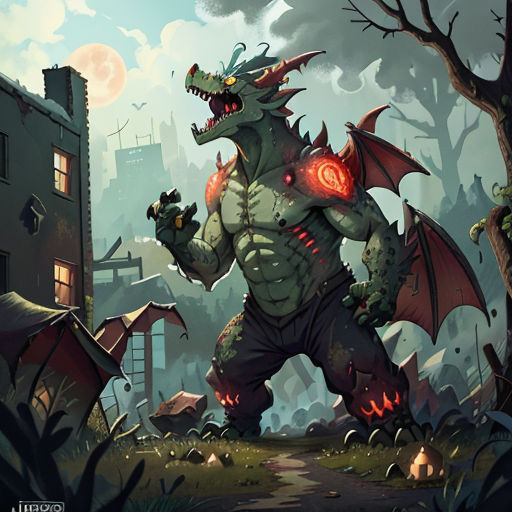 a cartoon character with a dragon like body and a red light on his chest, standing in a city street