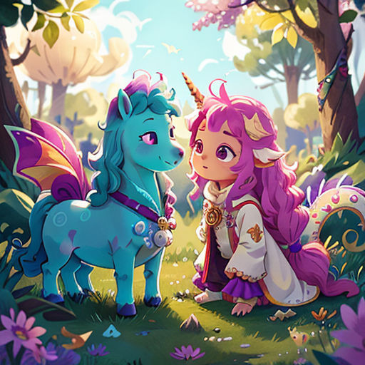 a little girl sitting next to a unicorn in a forest with flowers and trees behind her, looking at the unicorn