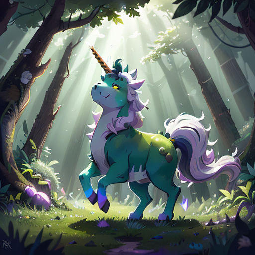 a unicorn standing in the middle of a forest with a light shining on it's head and a forest floor