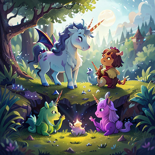 a group of animals that are in the grass near trees and bushes, with a forest background, and a unicorn and a dragon