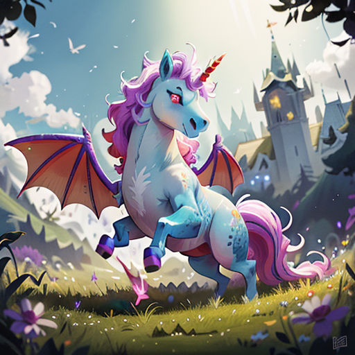 a unicorn riding a horse in a field with a castle in the background and a bird flying over it