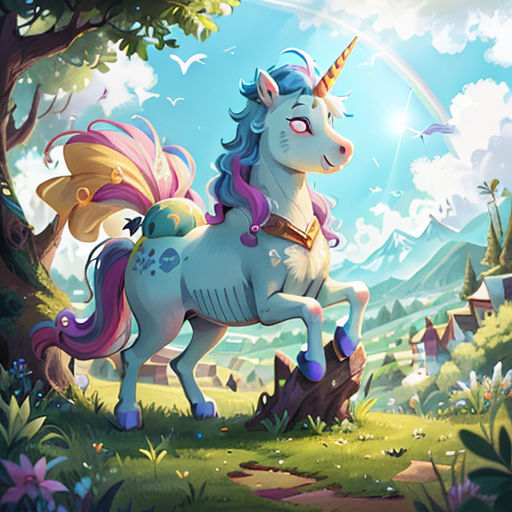 a unicorn standing in the middle of a forest with a rainbow in the background and a bird flying over it