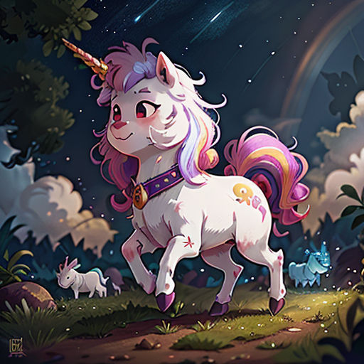 a unicorn standing in the grass with a rainbow in the background and a rainbow in the sky above it