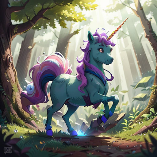 a unicorn is standing in the middle of a forest with trees and leaves on it's back legs