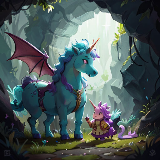 a cartoon of a unicorn and a pig in a cave with a dragon on the ground and a man on the ground