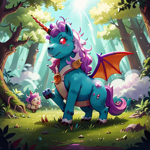 a cartoon unicorn with a pink mane and a purple tail standing in a forest with a hedgehog behind it