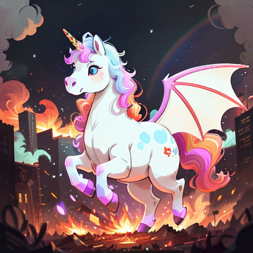 a unicorn with a pink mane and a white tail standing in front of a fire with buildings in the background