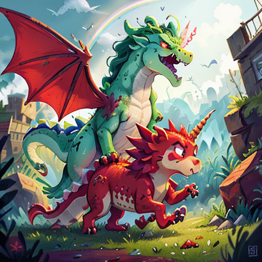 a dragon and a dragon are fighting in a field with a rainbow in the background and a building in the background