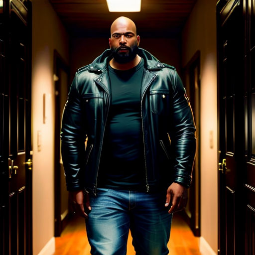 a man in a black jacket and jeans standing in a hallway with a light on his head and a black jacket on