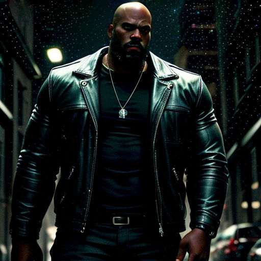 a man in a leather jacket and black shirt holding a gun in a dark alleyway with a rain falling on the ground